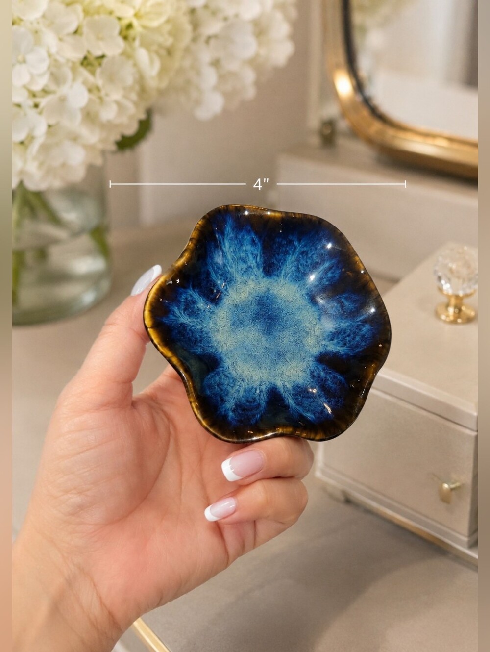 Blue Lotus Leaf Crystal Glaze Ceramic Trinket Dish 4"